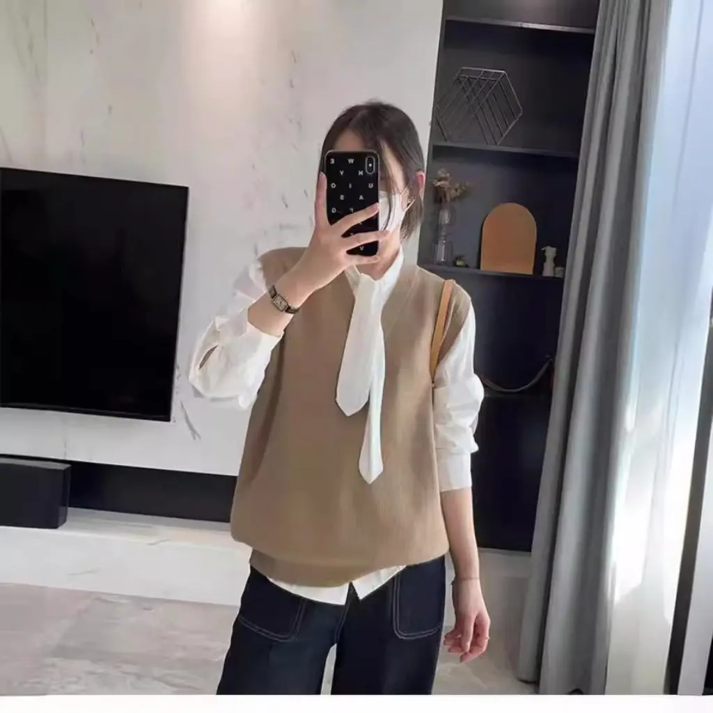 

Женский вязаный жилет в корейском стиле с v-образным вырезом, простой однотонный свободный топ для