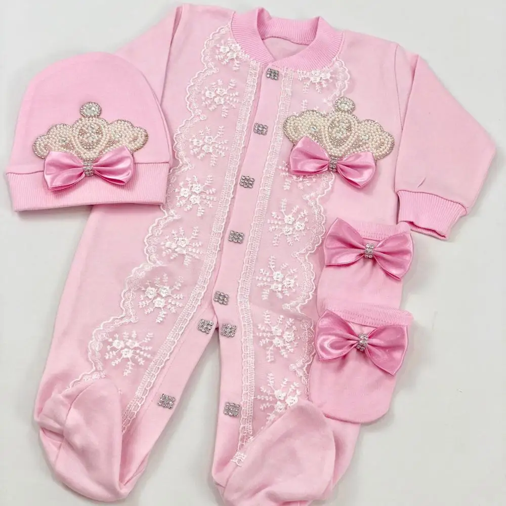 Dollbling 3pcs Newborn Fushia Pink Lace Outfits Personalised Name Sleepsuit Nest Baby Girl Pearly Crown Onesie Christening Gift