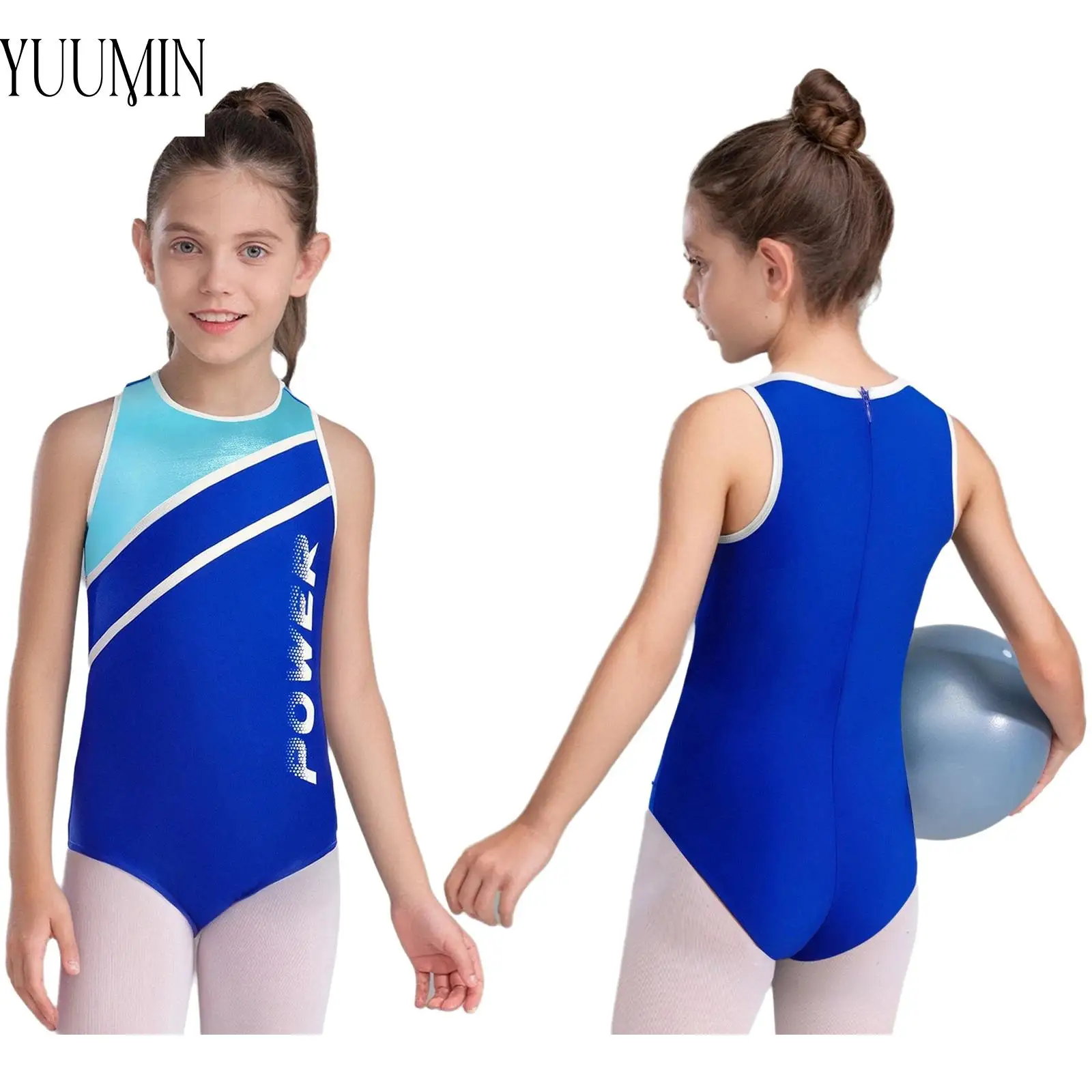 

Girls Contrast Color Yoga Gymnastics Leotard Dance Practice Figure Skating Performance Competition Costume Sleeveless Bodysuit
