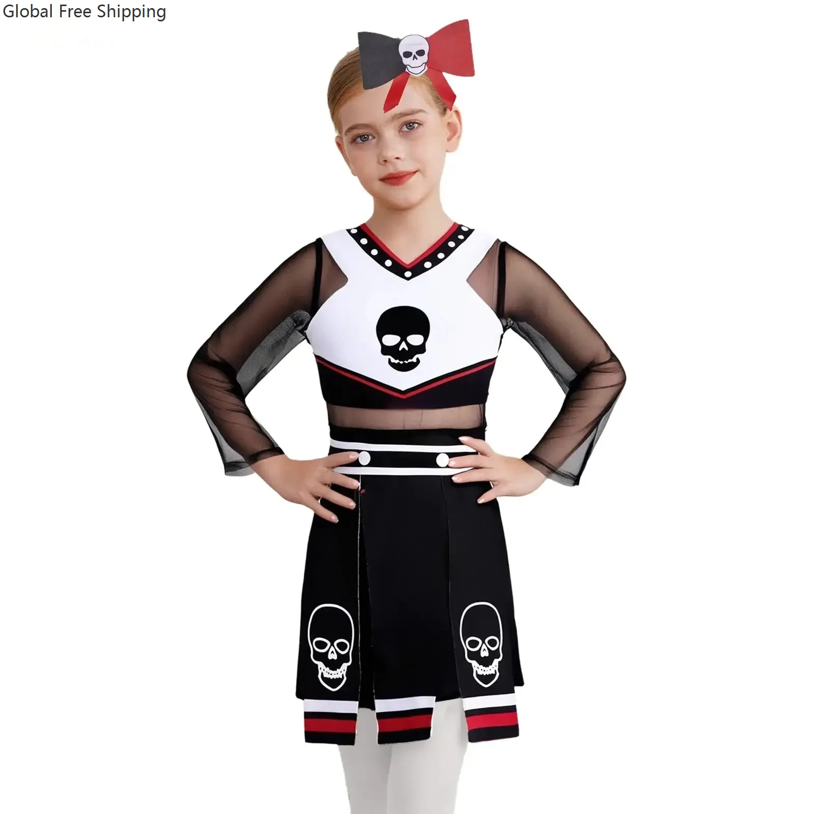 

Children Girls Halloween Party Cheerleader Costume Skull Print V-neck Top Sheer Mesh Dress With Slit Skirt Matching Headpiece