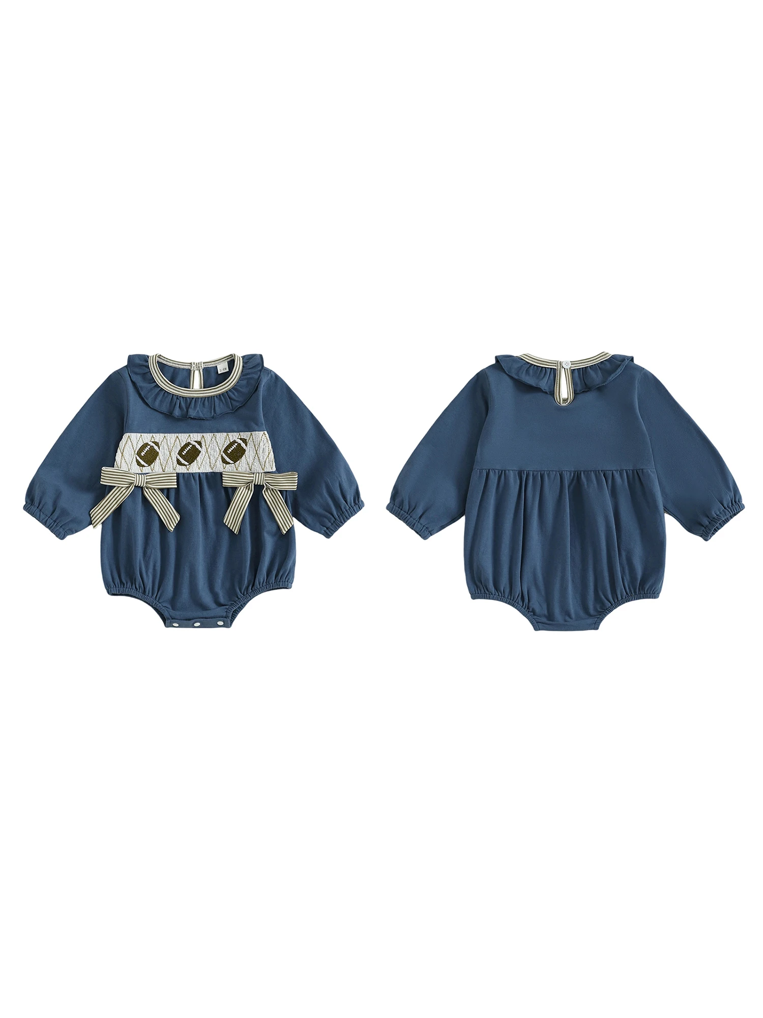 

Infant Girls Autumn Playsuit Soccer Stitching Extended Sleeve Frilled Circular Neck Bubble Suit with Ribbon Bow Detail
