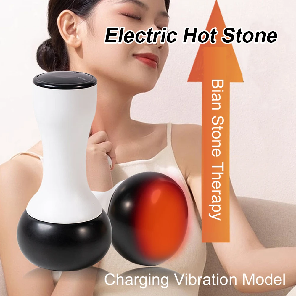 Electric Hot Stone Guasha Massager Natural Bianstone Scraping Back Neck Relax Heating Massage Vibration Skin Lift Care Spa