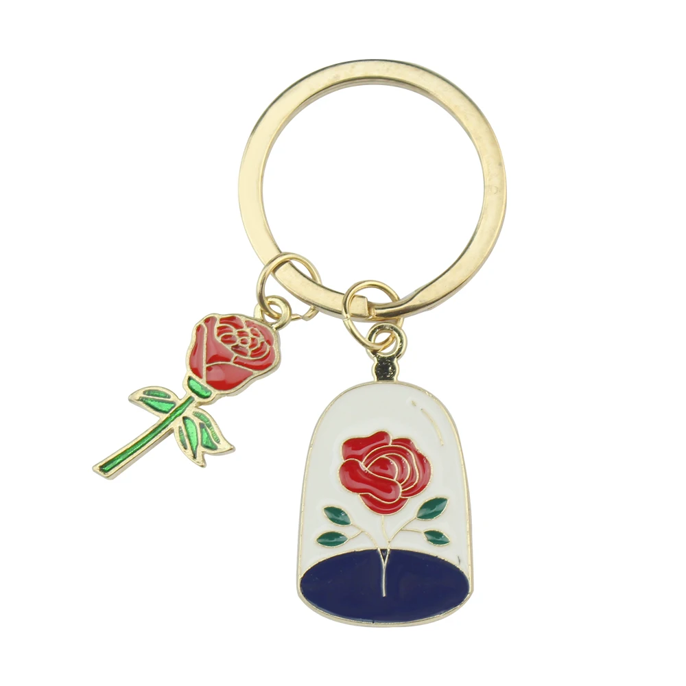 Cute Keychain Rose Flower Leaves Key Ring Fairy Tale Key Chains Valentine Day Gifts For Women Girls Handbag Accessorie Jewelry