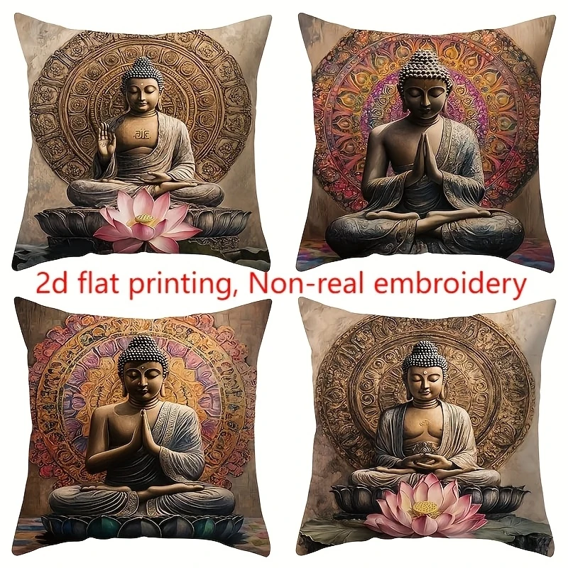 VIKAMA Buddha Statue Pillow Cover Set Lotus Mandala Cushion Case Spiritual Zen Home Decor For Sofa Living Room