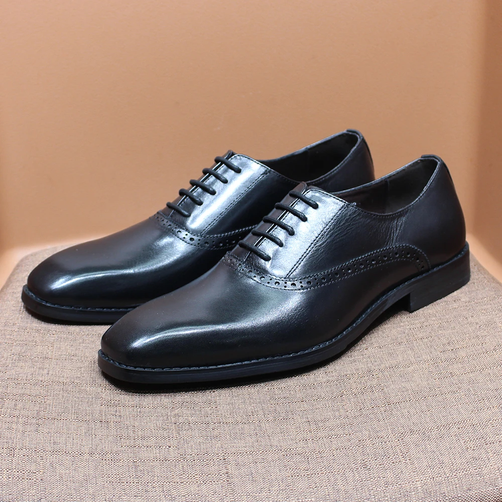 

Elegant Mens Dress Shoes Genuine Leather Plain Toe Oxfords Lace Up Office Business Wedding Pointy Formal Shoes for Gentleman