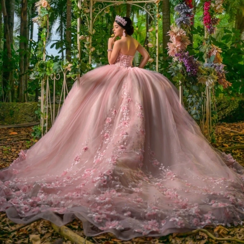 فساتين Quinceanera الوردية اللامعة قبالة الكتف زين زهرة الديكور تول حفلة عيد ميلاد الحلو 16 فستان Vestidos 15 De Anos