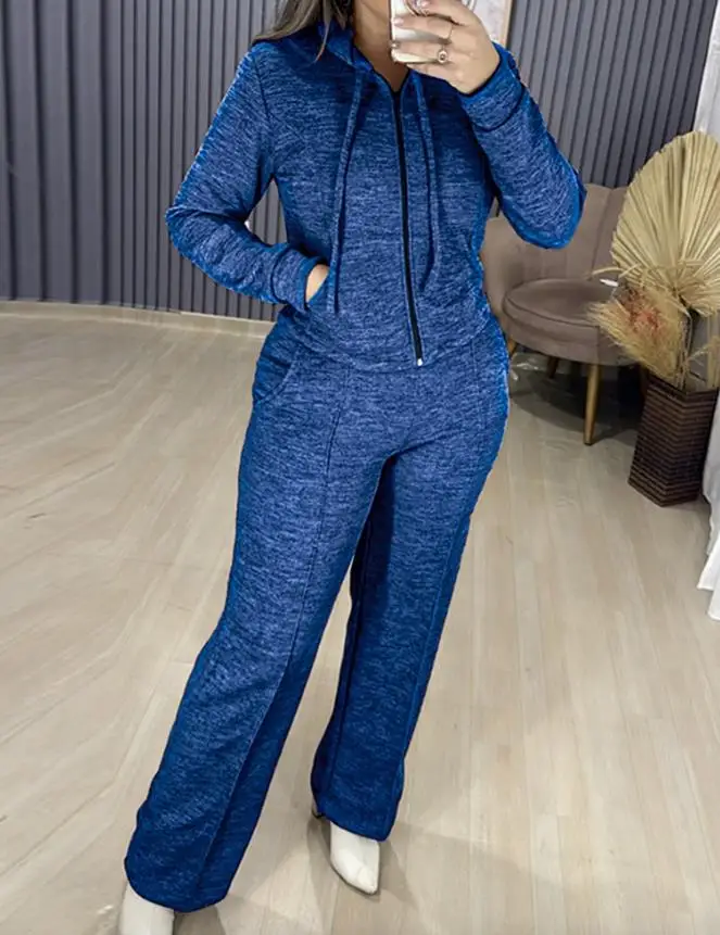 

2 Pieces Outfit Long Sleeve Hooded Knit Cardigan and Casual Wide Leg Pants Set