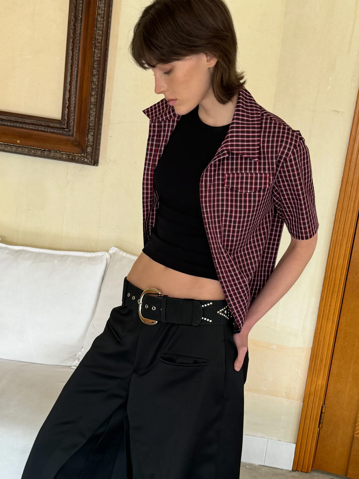 CasseSango Retro Dark Red Thin Grid Pattern Short Sleeve Shirt Standard Fit Shoulder Youthful Style Casual Wear Four Seasons