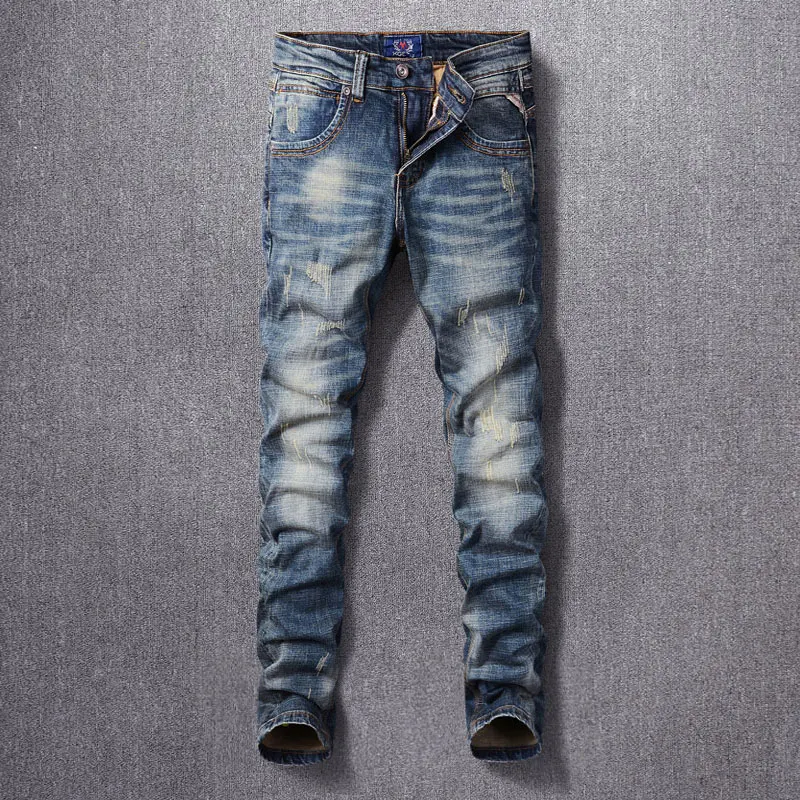 

Italian fashion new high-quality men's jeans scratch washed nostalgic stretch slim fit retro blue jeans designer high-quality pa