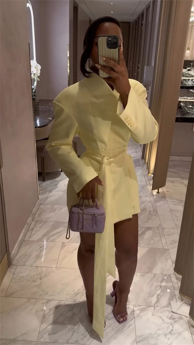 Autumn Yellow Women Suit Skirt 1 Piece Long Blazer Belted Sexy V Neck Jacket Formal Office Lady Wedding Guest Birthday Coat image 2