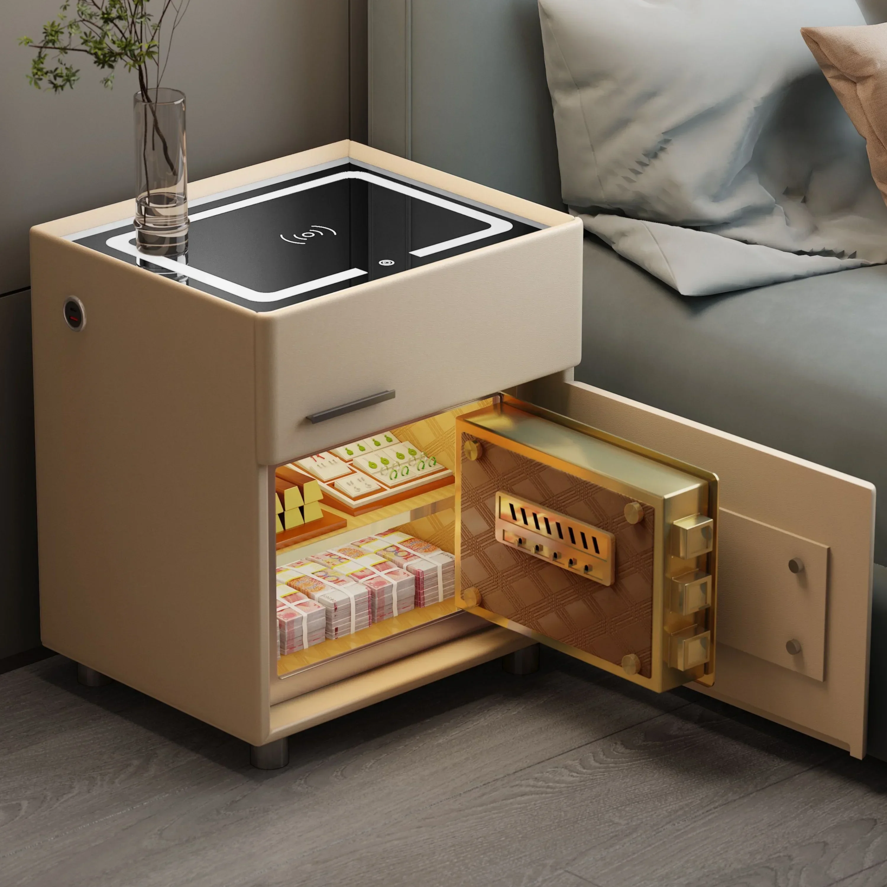 Mesita de noche inteligente, segura, integrada, sencilla, moderna, con carga inalámbrica, cerradura de huella digital, mesita de noche de madera maciza para dormitorio
