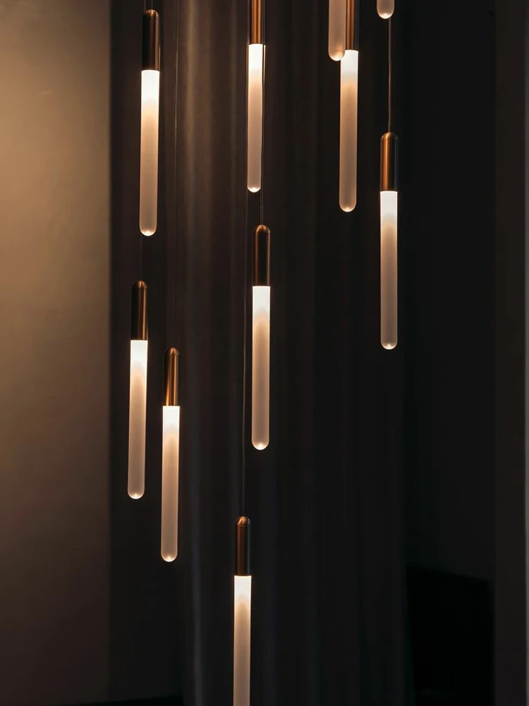 Nordic Style Lighting Fixtures Suspended Staircase Pendent Lamp Simple Style Living Room Villa Long Cylindrical Chandelier