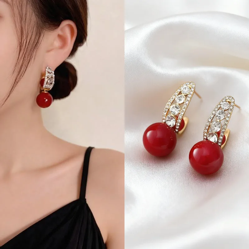 New Women Elegant Red Zircon Pearl Earrings Anniversary Gift Elegant Luxury French Style Multi-Wear Ear Cuffs Elegant