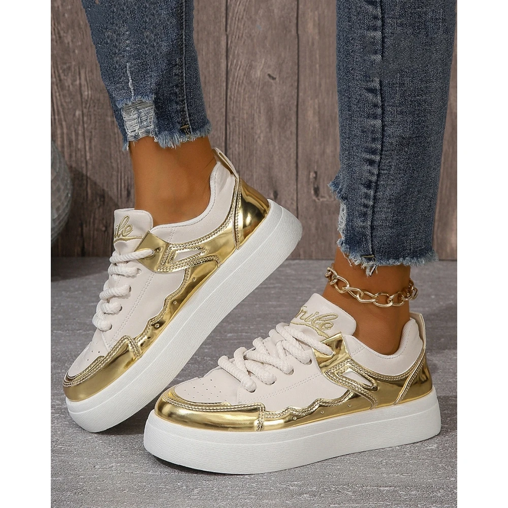 

Fashion Women Breathable Colorblock Round Toe Lace Up Sneakers Shoes Autumn Going Out Femme Casual Platform Sports Shoes