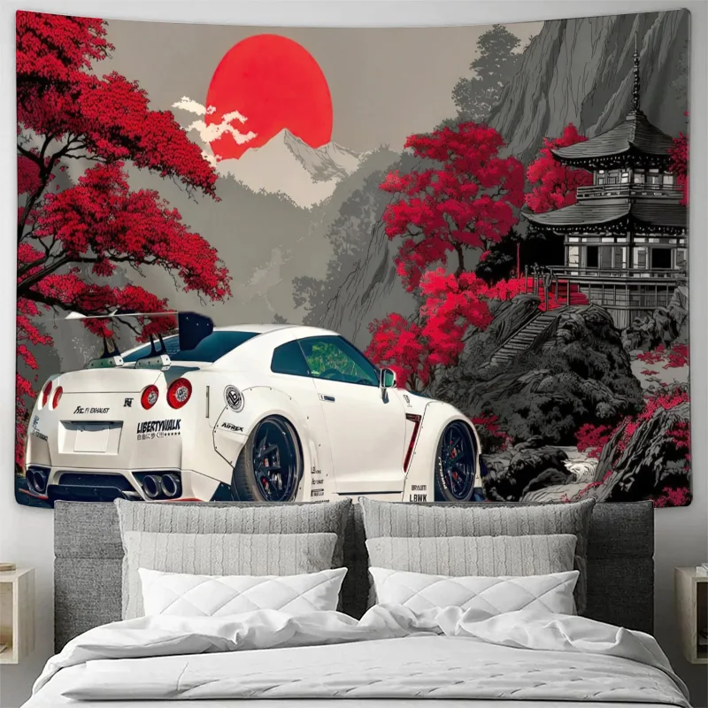 Japanese Sunrise Skyline Car Art Tapestry Honda S2000 Anime Style Wall Decor for Man Room