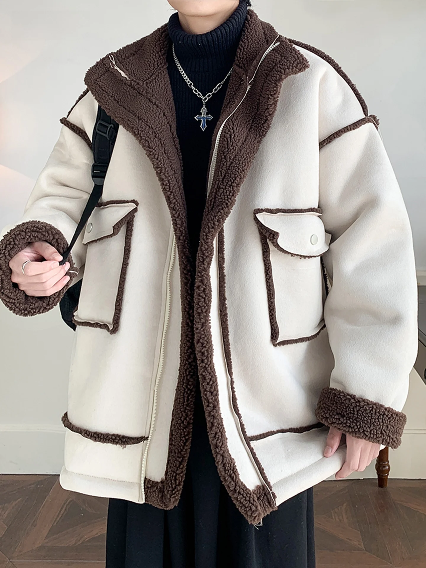 Lamsfluweel Thiened Heren Jaet Winter Warm Los Plus Size Katoenen Jas Trendy Amerikaans Sle Bont En Leer Geïntegreerd C...