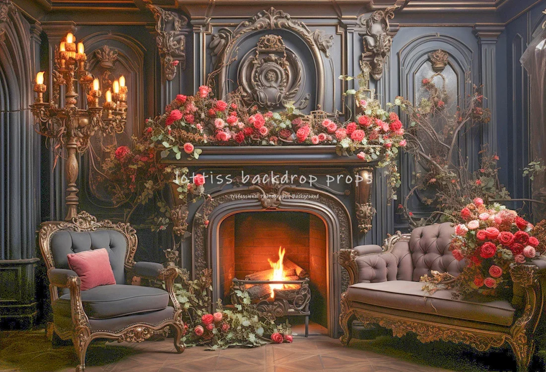 ローズキャッスル バレンタインデー背景幕 キッズガール写真撮影 子供大人フォトコール装飾 花柄木製ドア背景