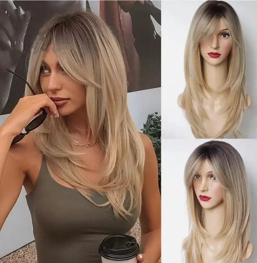 2024 Damskie peruki Ombre Brown Blonde z grzywką Warstwowe peruki na imprezę Cosplay