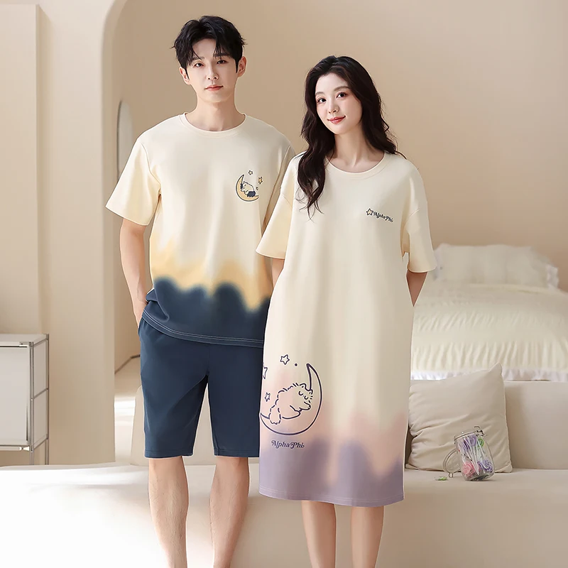 

Newest Couple Pajamas Set Summer Short Sleeve Sleepwear 100% Cotton Men and Women Cute Cartoon Pijamas Women Nightgown