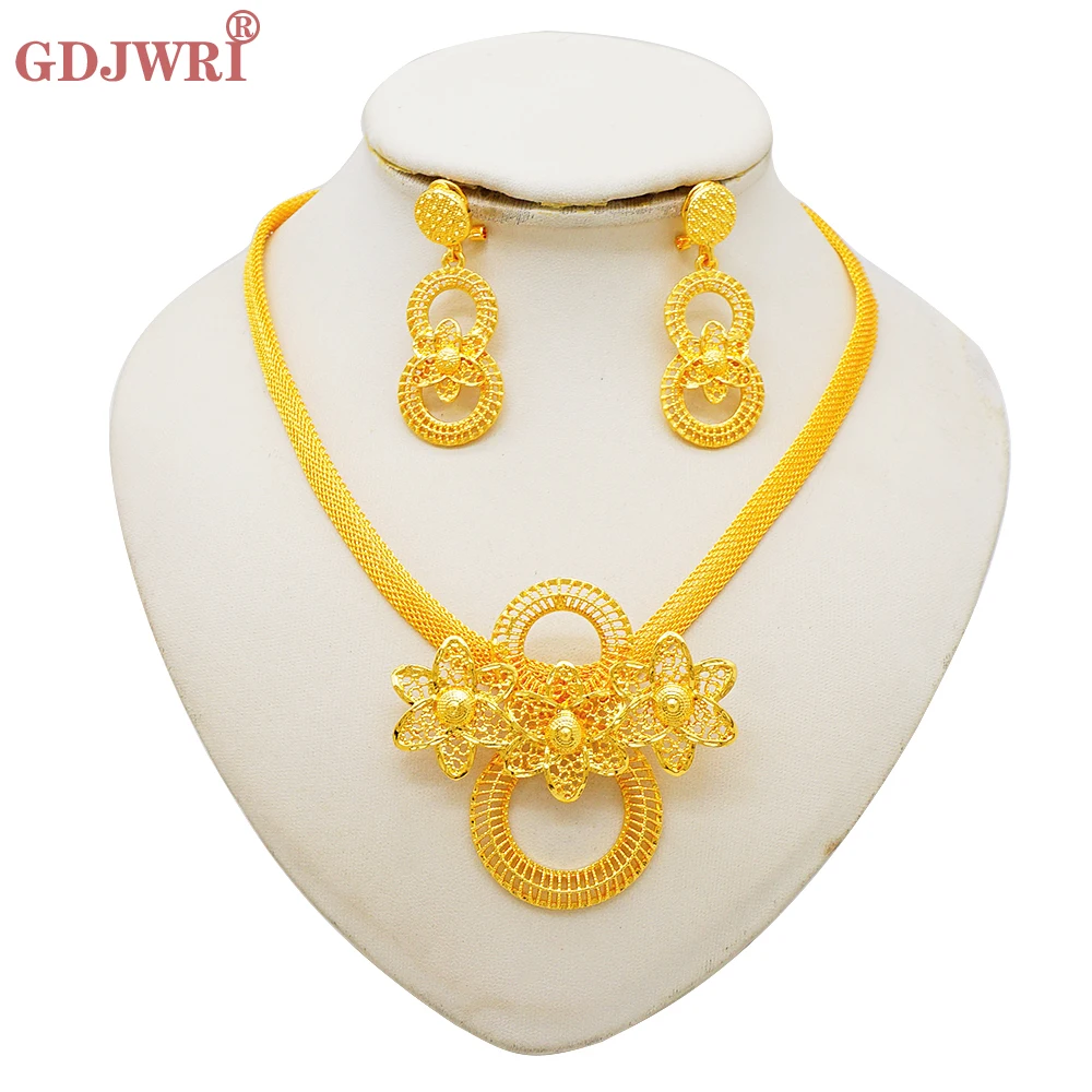 GDJWRI 2024 Latest Dubai Necklace Pendant Set For Women Nigerian Jewelry Set Bridal Wedding Gifts Indian Gold Color Necklaces