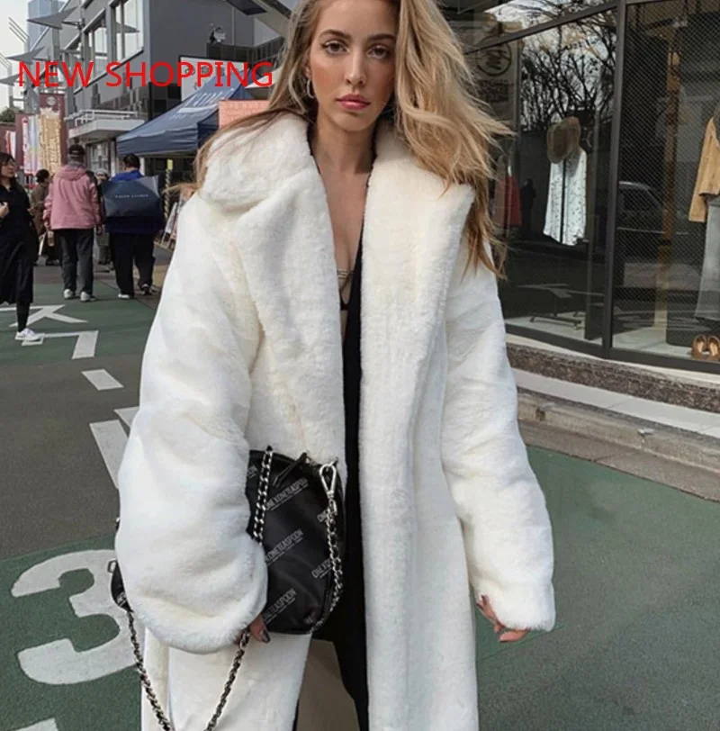 Winter Long White Fluffy Warm Oversized Faux Fur Coat Women with Hood Lapel Sashes Loose Korean Fashion 2024 Streetwear Outfits