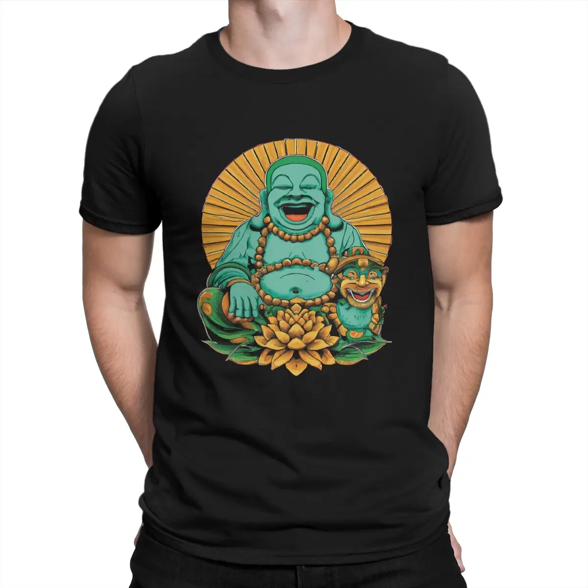 T-shirt com gola em jade rindo masculina, Buda Oriental, Cultura Misteriosa, Algodão Puro, Roupa Original, Individualidade, Grande Venda
