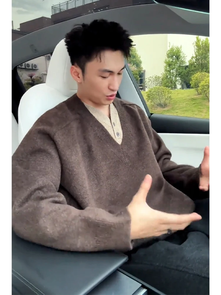 

Мужской вязаный свитер свободного кроя с V-образным вырезом, осенне-зимний, повседневный, в стиле пэчворк, цельный, свободный крой