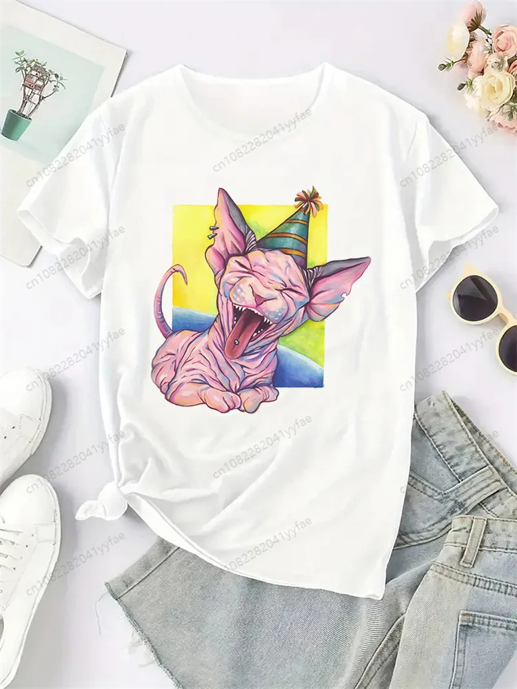 여성 스핑크스 프린트 하라주쿠 여름 티셔츠 캐주얼 라운드 넥 반팔 탑 걸스 티셔츠