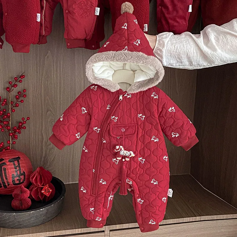 Winter Toddler Girl Clothes Chinese New Year Cartoon Horse Cute Print Red Hooded Fleece Warm Thick Jumpsuits Baby Romper B373