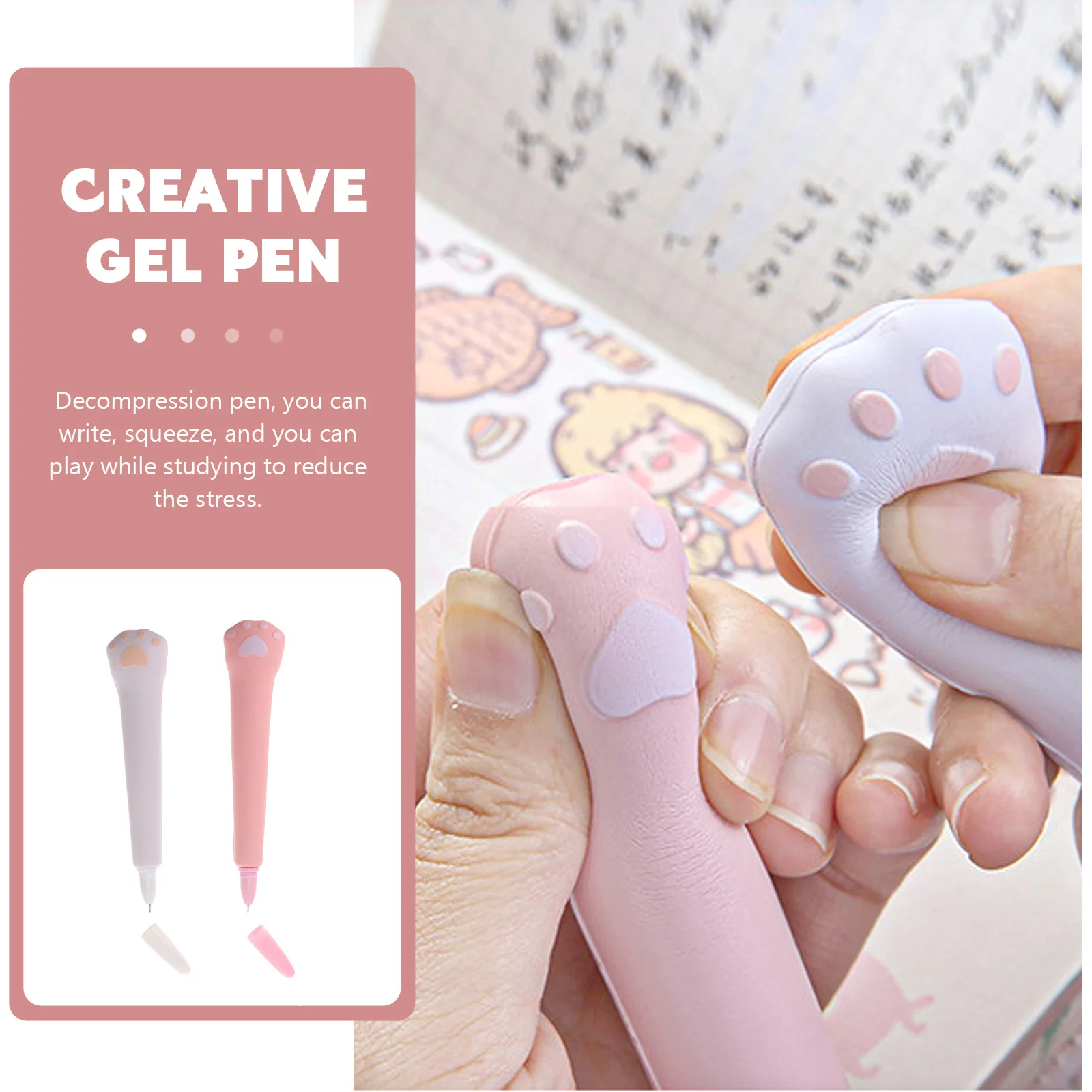

4pcs Decompression Pen Cat Paw Gel Pens Soft Squeeze Stress Relief For School Office Students Writing Stationery Gift