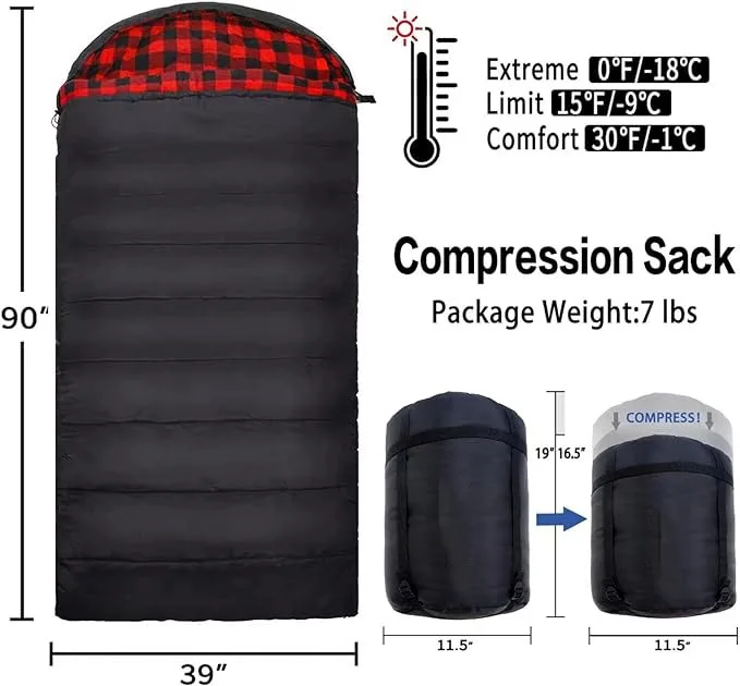 XXL Flannel Sleeping Bag 100% Cotton 0 Degree Stretch Zero Compression Free for Adults for Cold Winter Camping