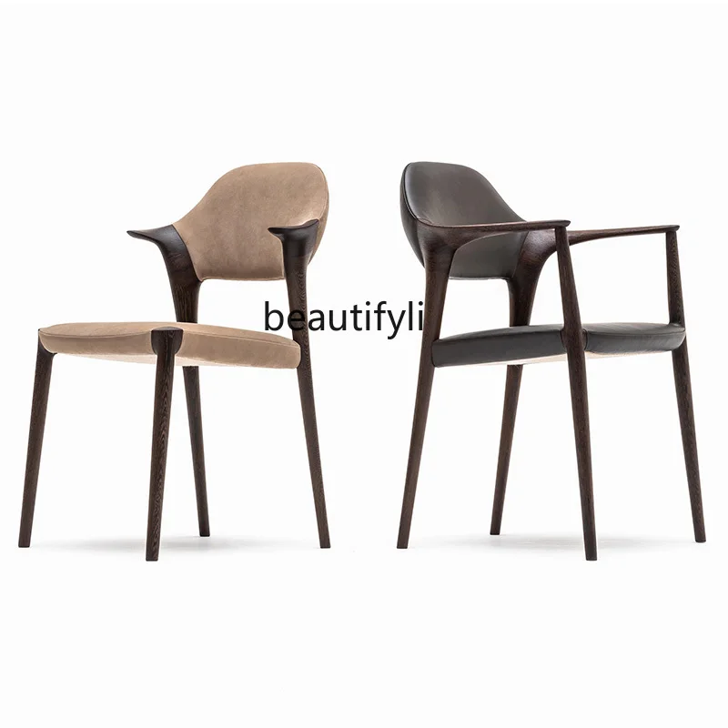 

Italian Minimalist Dining Chair Household Genuine Leather Solid Wood Chair Modern Minimalist Backrest Armchair