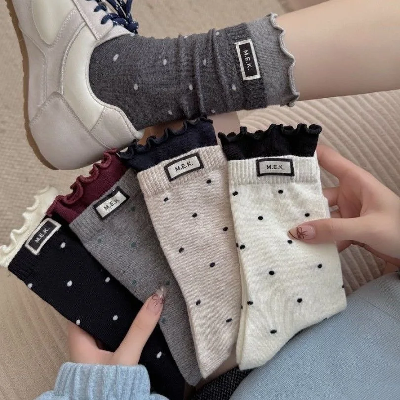 1-10Pairs Retro Polka Dot Lace Mid Calf Socks for Women Japanese Style Solid Color Vintage Crew Socks All Seasons Fall Winter