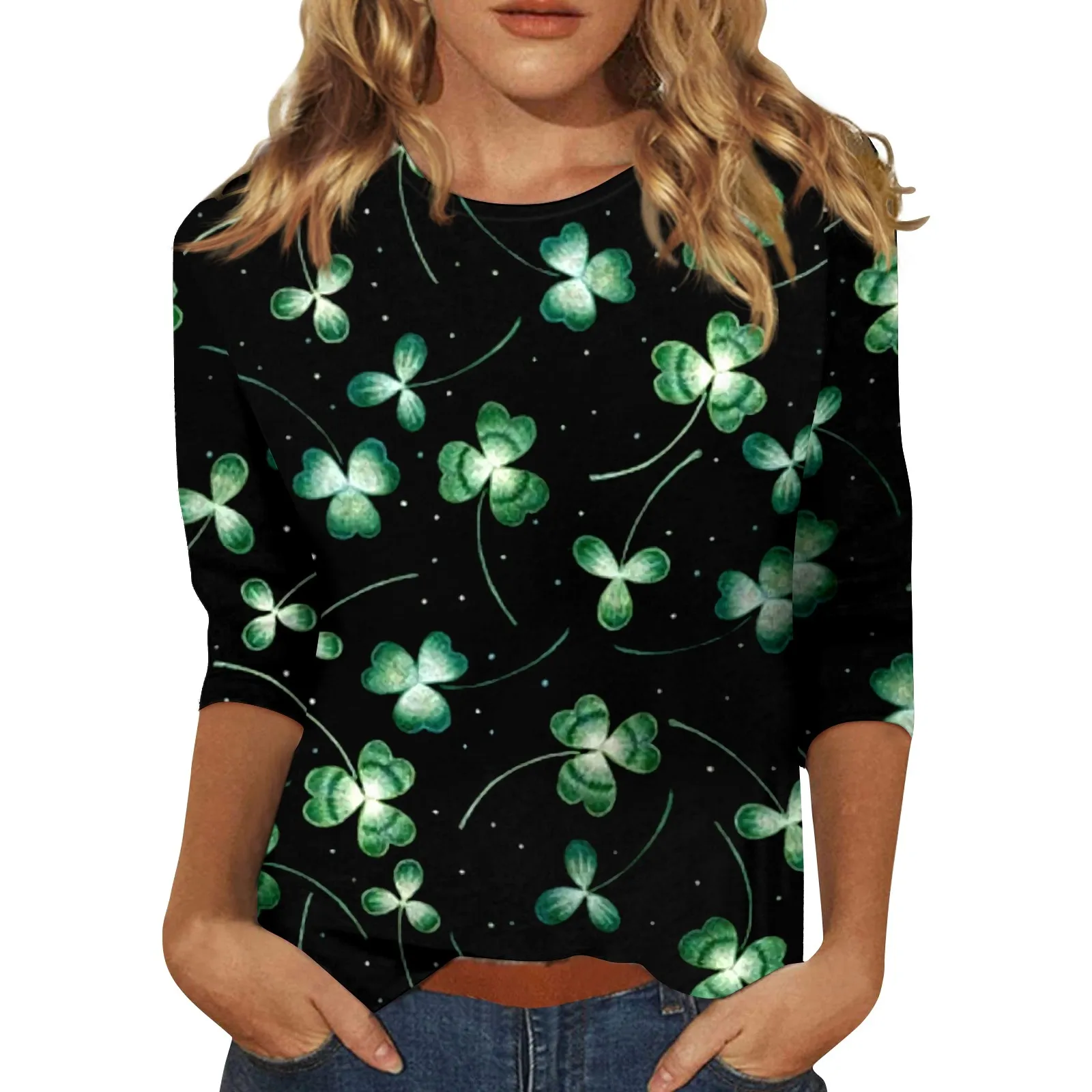 

St. Patrick's Day Print T-shirt Women Fashion Clovers T Shirt Long Sleeve Tops Tees 3d Graphic T Shirt 3/4 Sleeve Blouse Spring