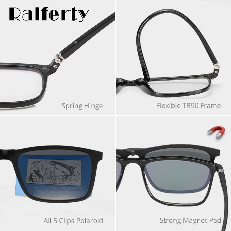 Ralferty磁気サングラス男性5で1偏光クリップサングラス女性正方形sunglases超軽量ナイトビジョンメガネa8804