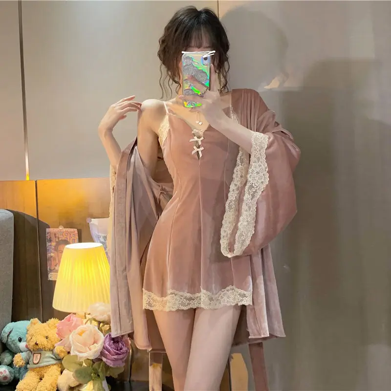 女性のためのセクシーなネグリジェ,快適な韓国のパジャマセット,通気性のあるカワイイミニパジャマ,ソフトレースのリボン付きスカート,春のデザイン,新しい