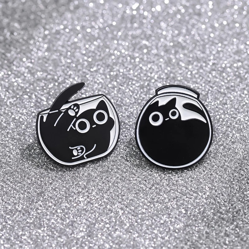Cute Cat Enamel Pins Custom Black Kitten Terrarium Brooches Lapel Badges Cartoon Animal Jewelry Gift for Kids Friends
