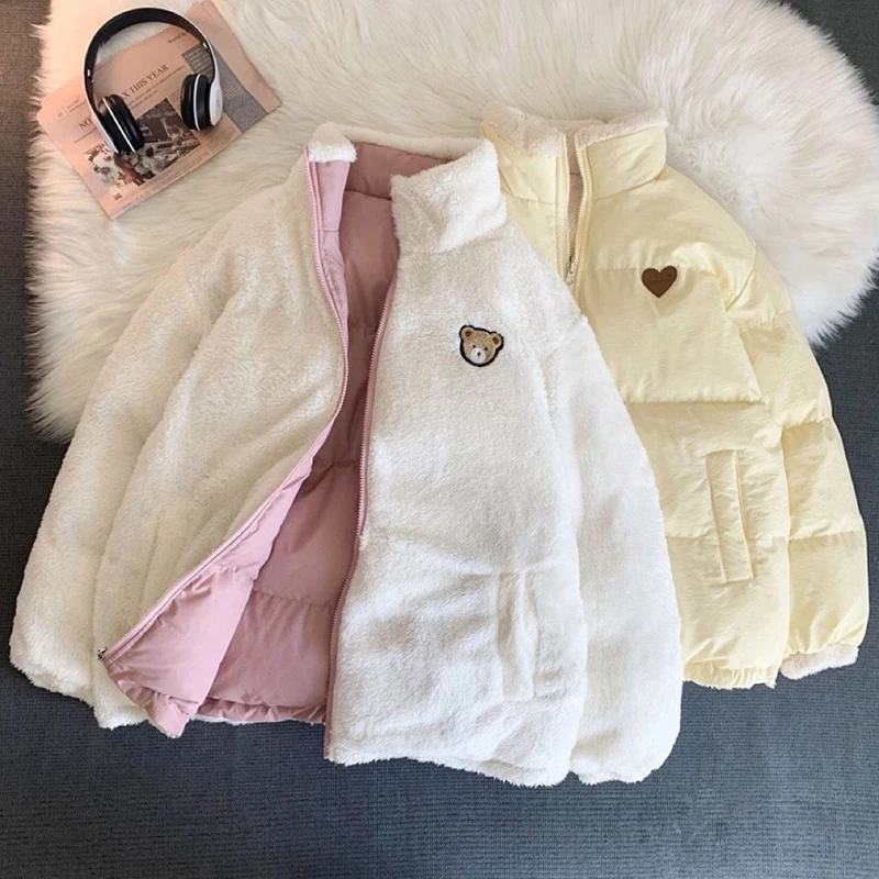 Cute Embroidery Parkas Coat Women Winter Korean Fashion Thick Loose Warm Jacket Double Sided Design Pink Student Clothes