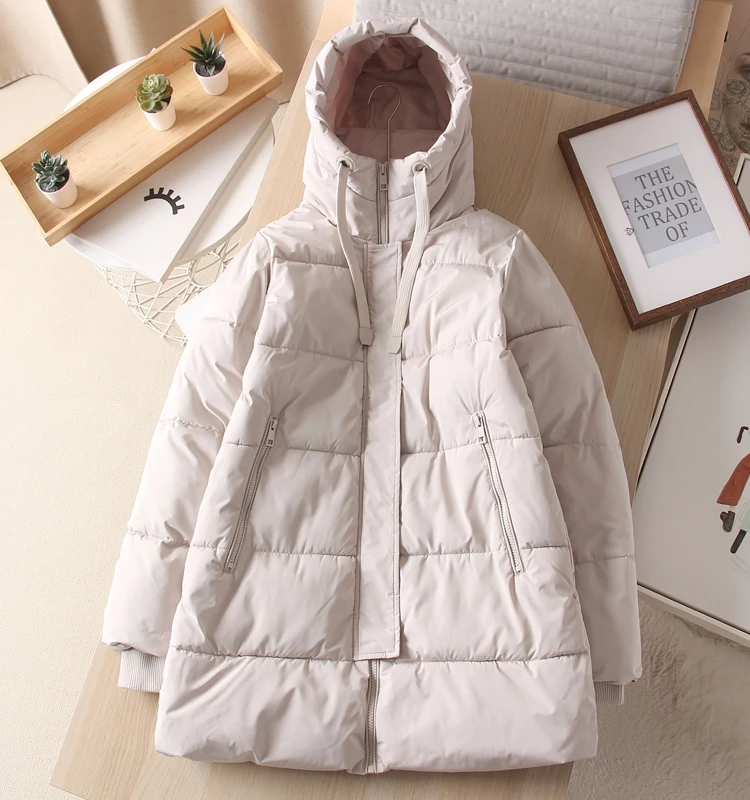 2023  Winter Versatile Loose Solid Color Hooded Mid-Length Fluffy Leisure Warm Cotton Clothing Coat for Women