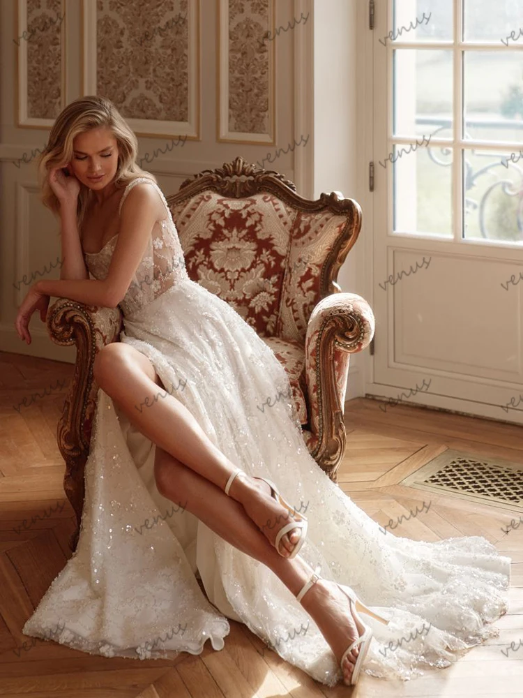Luxury Wedding Dresses Gorgeous Bridal Gowns Lace Appliques Sleeveless Backless Robe High Slit Vestidos De Novia Customized 2025