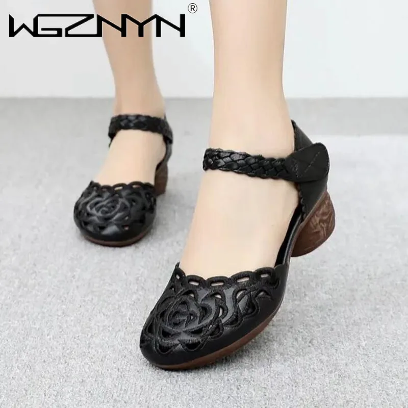 2022,NEW Summer Women\'s Genuine PU Leather Shoes Woman Retro Hollow Out Sandals Female Hook & Loop Heels Ladies Platform Sandal