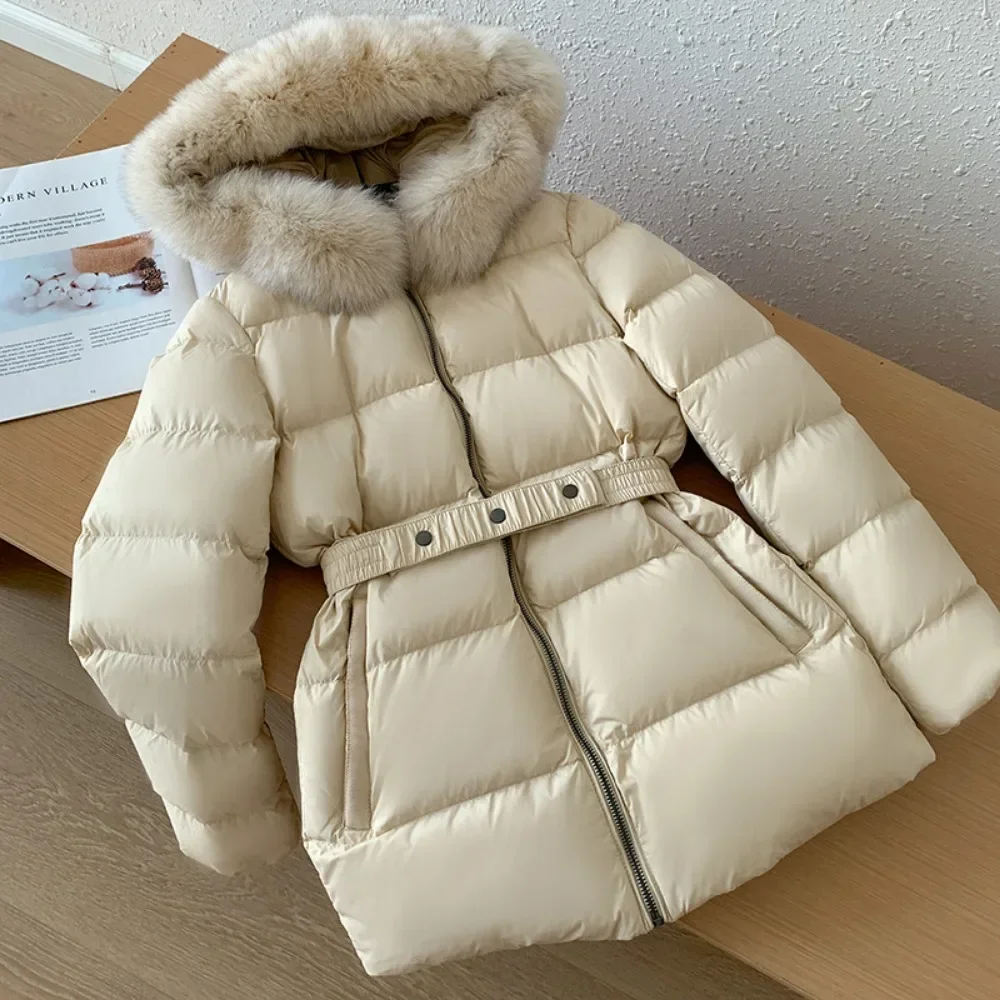 Fashion Down Jacket New Winter Warm Real Fox Fur Collar Slim Waistband Fur Puffer High Quality Light Luxury Women Hooded Coat