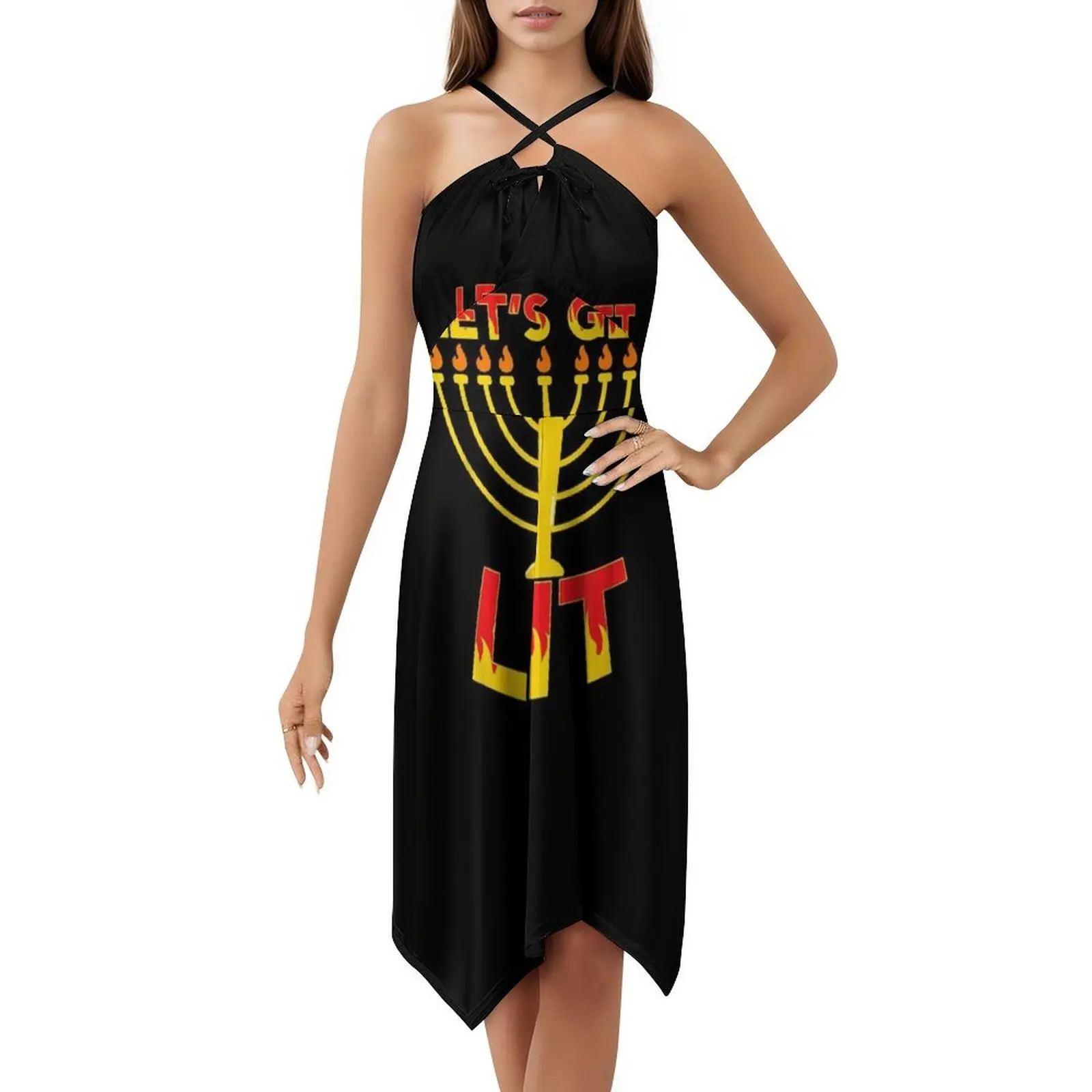 Let39 ; S Get Lit Funny Juish Hannukah Candle Holiday Vestido de fiesta elegante para mujer Vestido de corte A con corto/largo/sin mangas