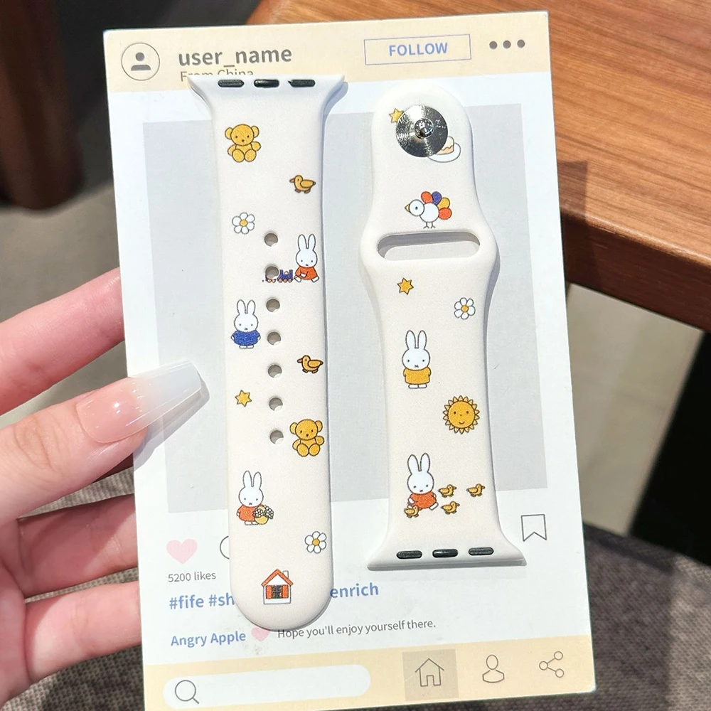 Kawaii Miffy Iwatch S1/2/3/4/5/6/7/8/9/10/SE/Ultra1/2 correa de reloj funda protectora bonita funda de correa de reloj regalo de silicona para niña