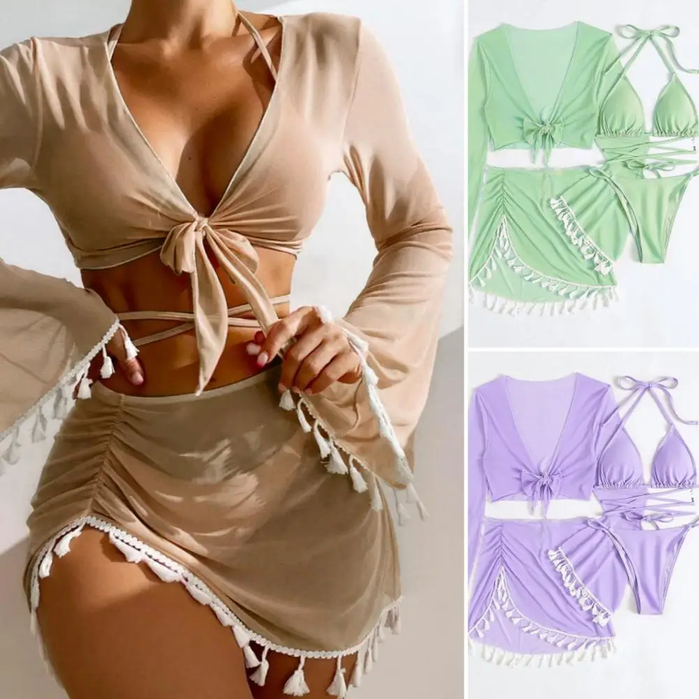 Women Swimwear Set Stylish 4pcs Women's Bikini Set with Flared Sleeve Cover Up Tops Halter Bra Swim Thong High for Beachwear