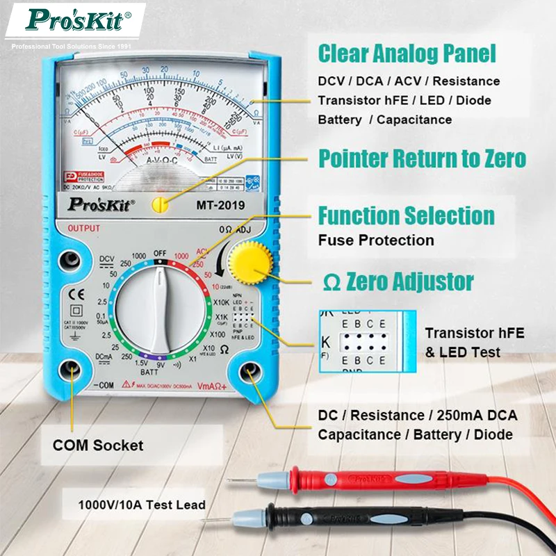 

Pro'sKit AC/DC Analog Graph Pointer Multimeter Ammeter Resistance Capacitance Diode Volt Amp Ohm HFE LED Meter MT-2017 MT-2019