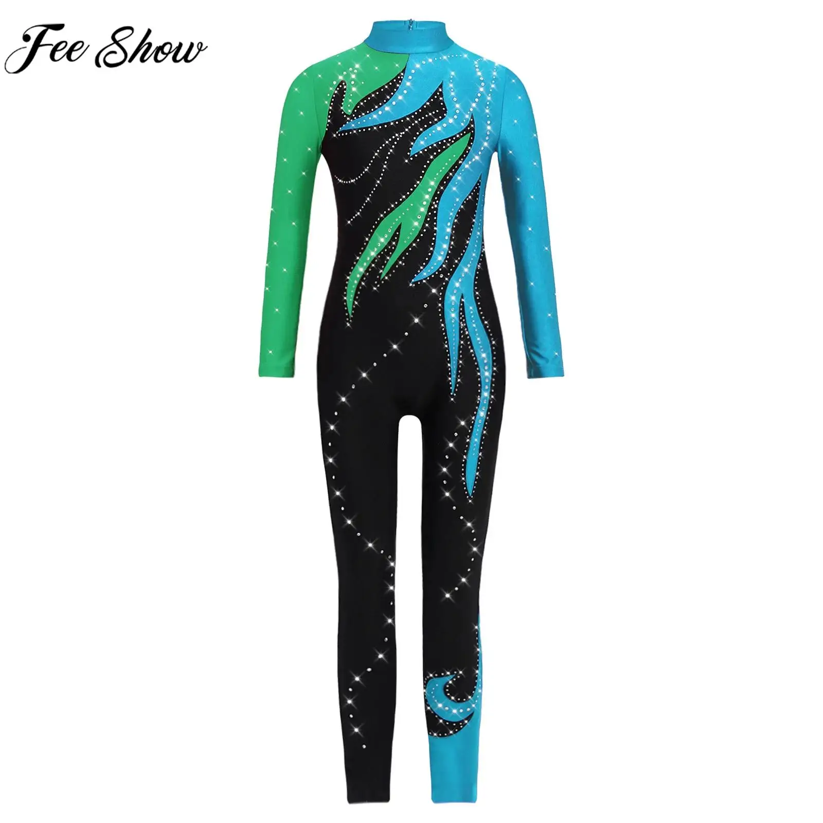 Kinder Mädchen Rhythmische Gymnastik Overall Ballett Tanz Skating Akrobatik Yoga Trikot Langarm Glänzende Strass Body