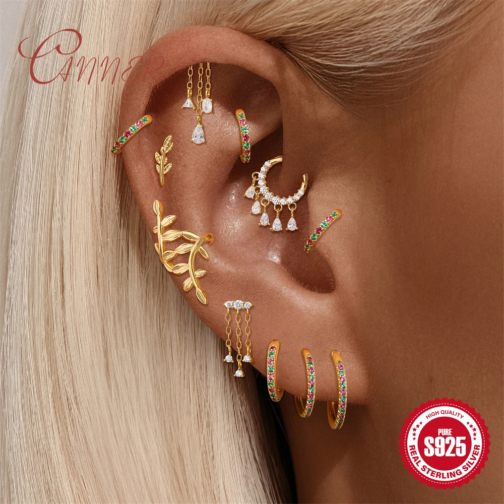 

Canner 925 Sterling Silver 1pc Tassel Chain Zircon Piercing Stud Earring For Woman 18K Gold Colored Circel 6/8/10/12mm Jewelry