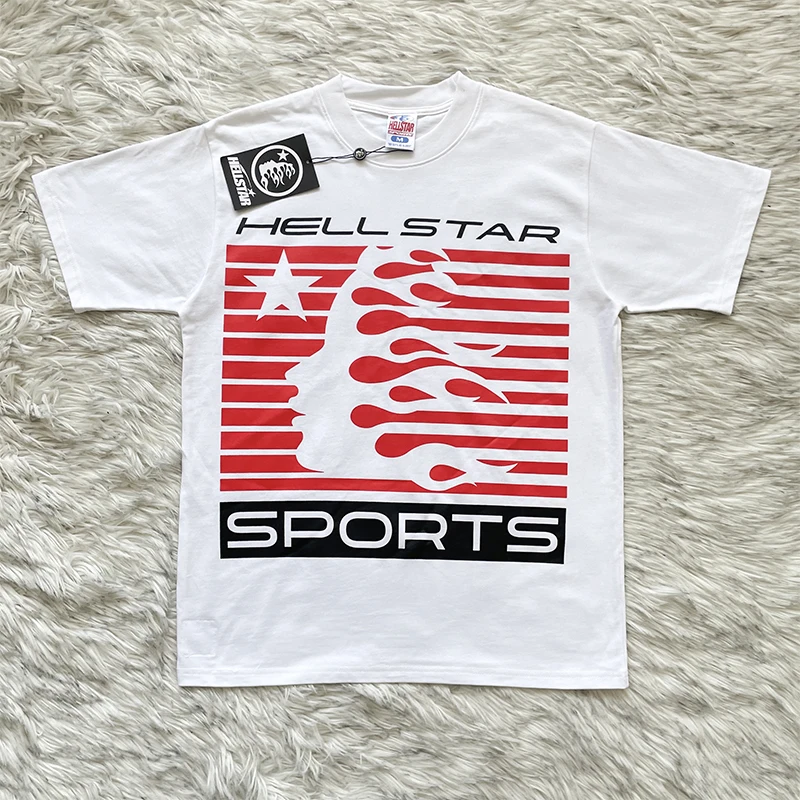 Hellstar Studios Tee Fire Letter Print Stripe Side Face Unisex Short Sleeve T-Shirt Cotton Breathable Casual round Neck Top