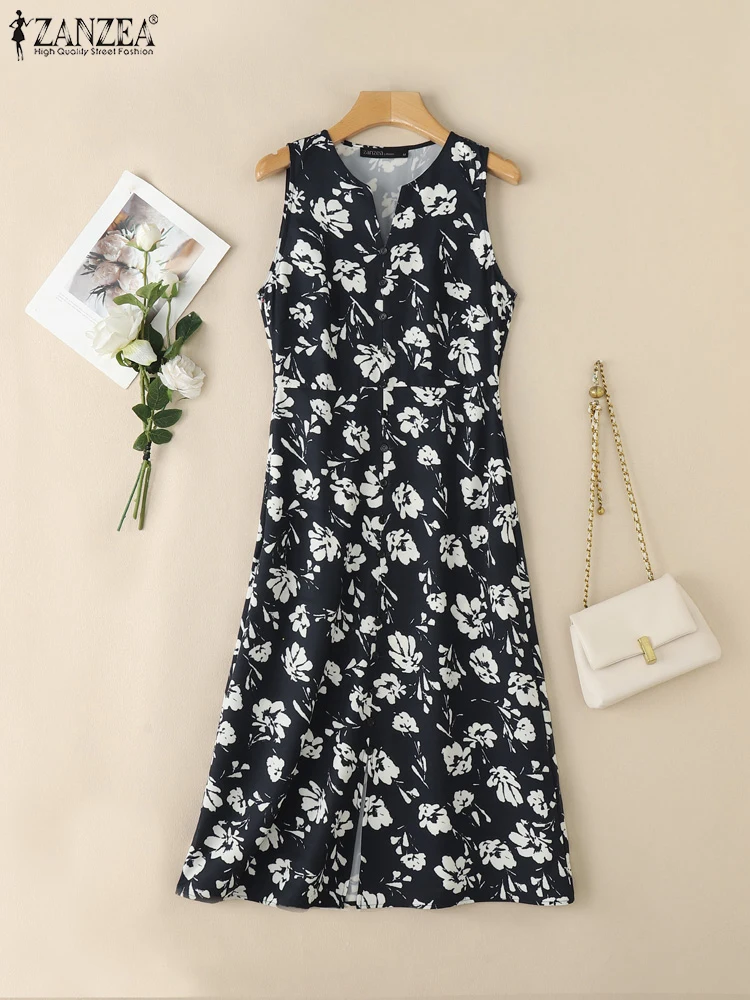 ZANZEA-Vestidos Midi elegantes con estampado Floral para mujer, Vestidos sin mangas con cuello en V para verano 2025, batas informales de corte a para ir al trabajo para mujer
